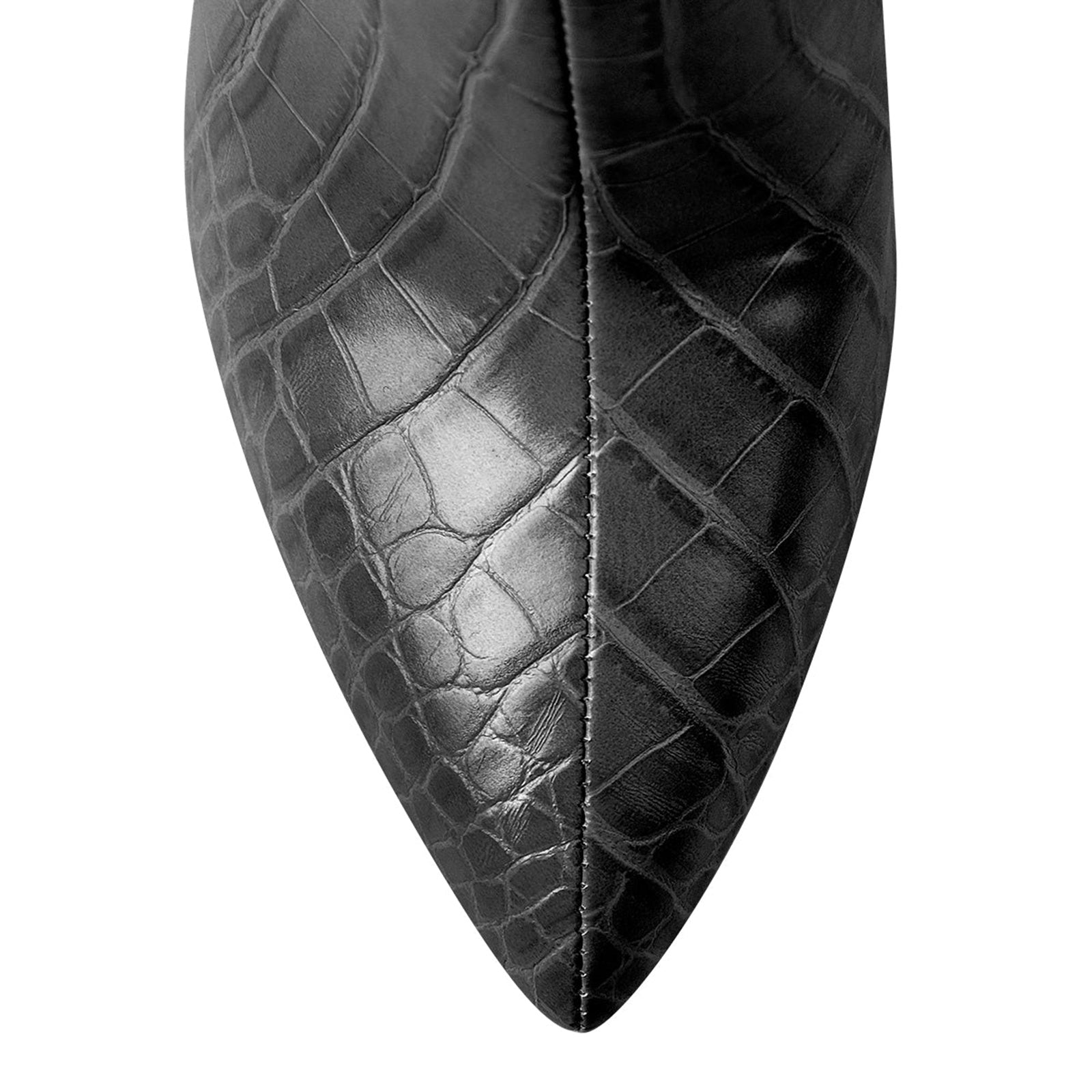 A black faux crocodile leather mid-calf boot with a pointed toe and block heel, photographed on a white background.