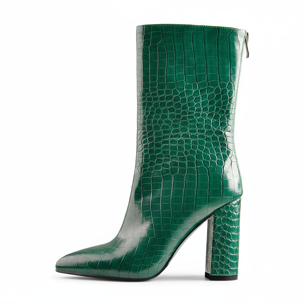 A black faux crocodile leather mid-calf boot with a pointed toe and block heel, photographed on a white background.