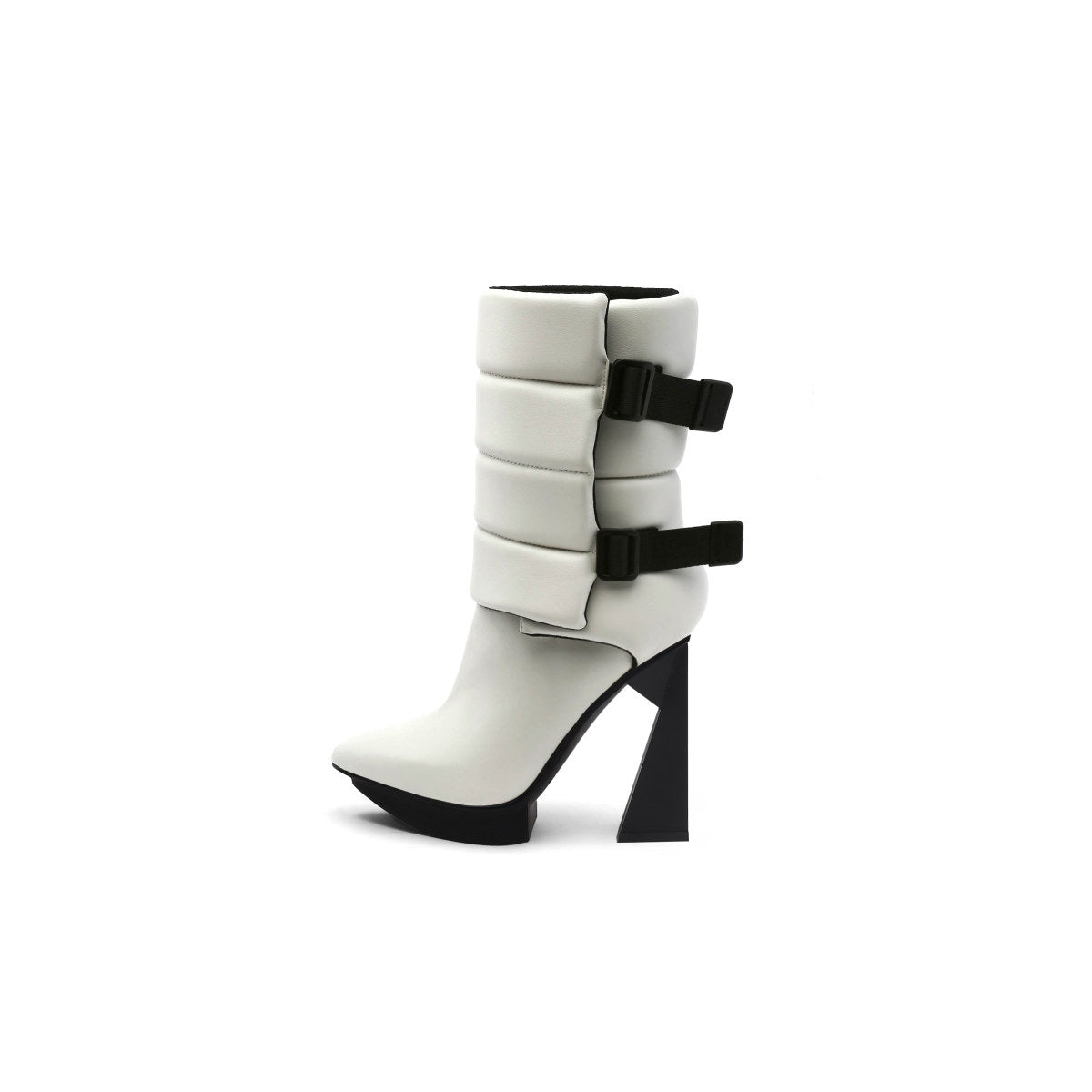 A black puffy vegan leather platform boot with adjustable straps and geometric high heel, photographed on a white background.
